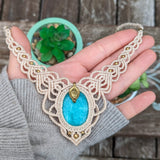 Handcrafted macramé necklace with an Amazonite gemstone centerpiece and brass details, perfect as a gift from a small business for hippie, and wellbeing-focused clients.