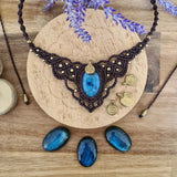 Handcrafted macramé necklace with a labradorite gemstone centerpiece and brass details, perfect as a gift from a small business for hippie, spiritual, and wellbeing-focused clients.