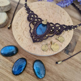 Handcrafted macramé necklace with a labradorite gemstone centerpiece and brass details, perfect as a gift from a small business for hippie, spiritual, and wellbeing-focused clients.