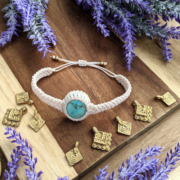 Handcrafted macramé necklace with a Dyed Variscite gemstone centerpiece and brass details, perfect as a gift from a small business for hippie, and wellbeing-focused clients.