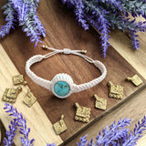 Handcrafted macramé necklace with a Dyed Variscite gemstone centerpiece and brass details, perfect as a gift from a small business for hippie, and wellbeing-focused clients.