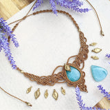 Handcrafted macramé necklace with an Amazonite gemstone centerpiece and brass details, perfect as a gift from a small business for hippie, spiritual, and wellbeing-focused clients.