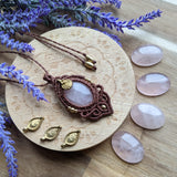 Handcrafted macramé pendant with a Rosa Quartz gemstone centerpiece and brass details, perfect as a gift from a small business for hippie, and wellbeing-focused clients.