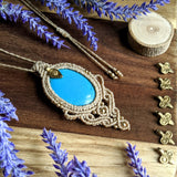 Handcrafted macramé pendant with a Dyed Magnesite gemstone centerpiece and brass details, perfect as a gift from a small business for hippie, and wellbeing-focused clients.