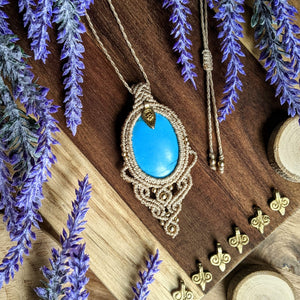 Handcrafted macramé pendant with a Dyed Magnesite gemstone centerpiece and brass details, perfect as a gift from a small business for hippie, and wellbeing-focused clients.