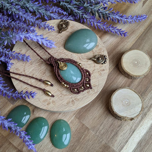 Handcrafted macramé pendant with an Aventurine gemstone centerpiece and brass details, perfect as a gift from a small business for hippie, and wellbeing-focused clients.