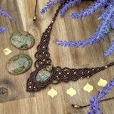 Handcrafted macramé necklace with an Unakite gemstone centerpiece and brass details, perfect as a gift from a small business for hippie, spiritual, and wellbeing-focused clients.